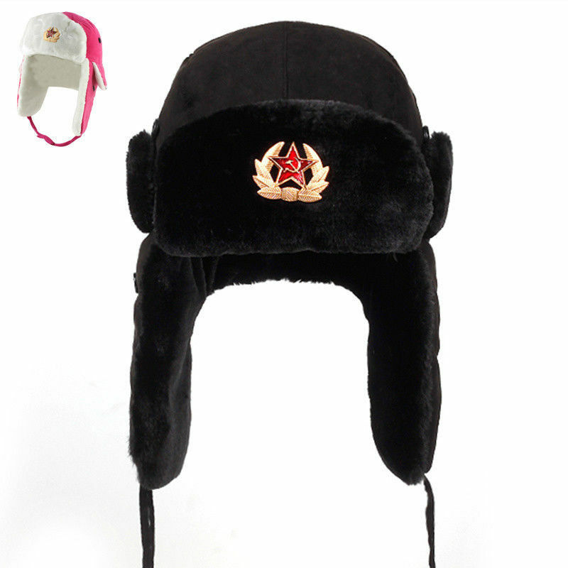 Men Women Soviet Army Military Badge Russia Bomber Hats Pilot Trapper trooper Hat Winter Faux Fur Earflap Snow Caps 3 Styles