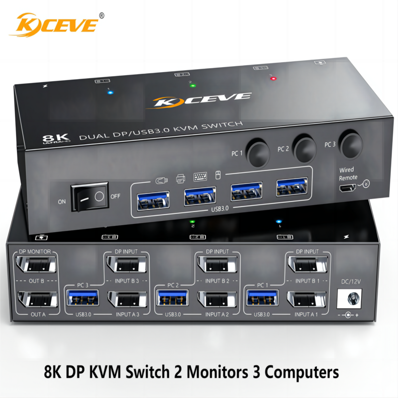 KCEVE 듀얼 모니터 KVM 스위치 디스플레이 포트, 8K 디스플레이 포트, KVM 스위치 2 모니터 3 컴퓨터, 8K @ 60Hz, 4K @ 144Hz, 4 USB 3.0 포트