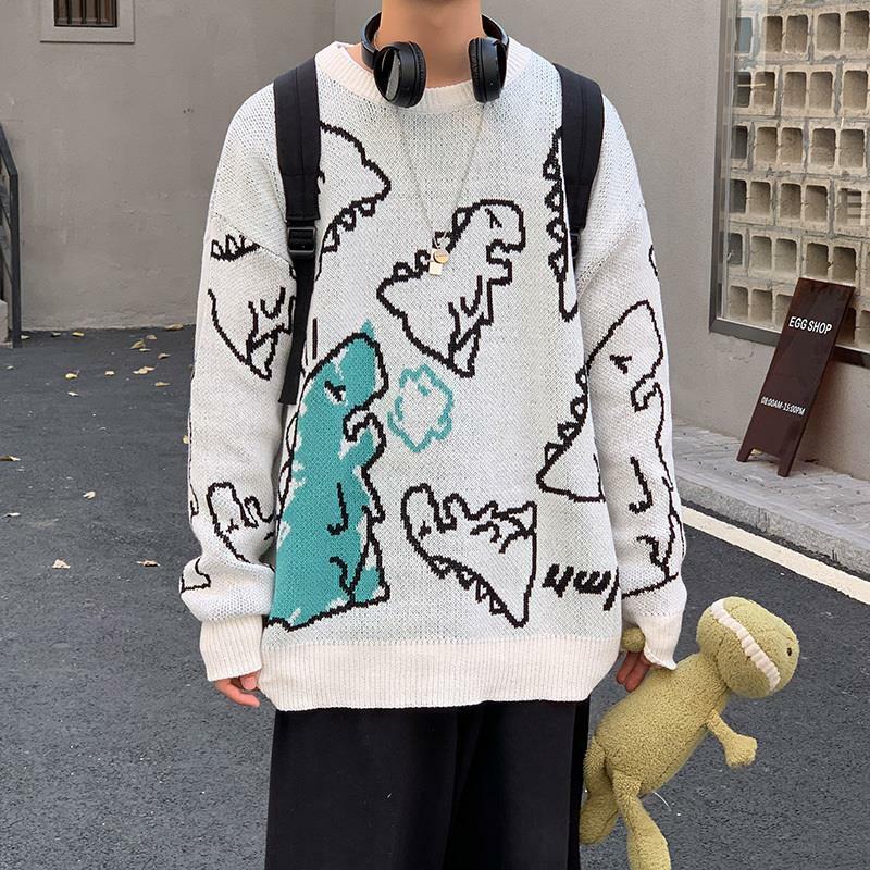 Frühling und Herbst Dinosaurier Cartoon Muster Strick pullover japanische Farbe Paar lose Rundhals pullover Männer Kleidung
