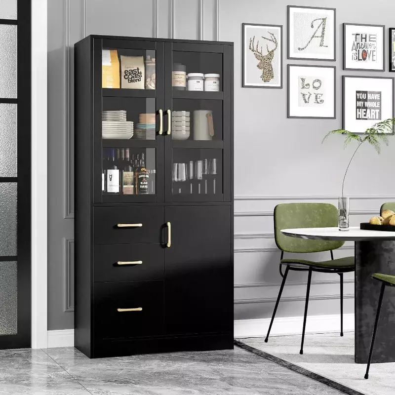 Tall Storage Cabinet with 2 Glass Display Door & Shelves & 3 Drawer, Modern Linen Cabinet Freestanding for Bathroom
