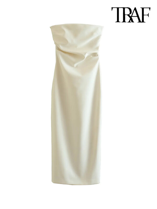 TRAF 여성용 스트레이트 넥 백 슬릿 미디 드레스, 섹시한 스트레이트 넥, 여성 패션