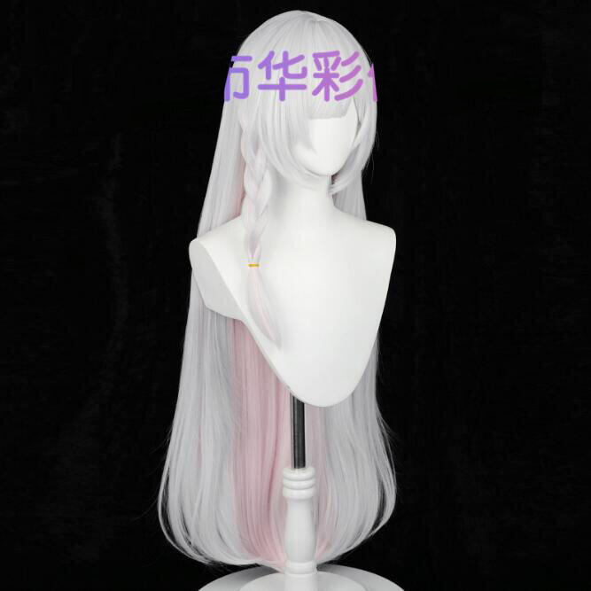 Cosplay fibra sintética peruca, peruca jogo planetário, prata branco misto rosa claro cabelo longo, arquivo azul