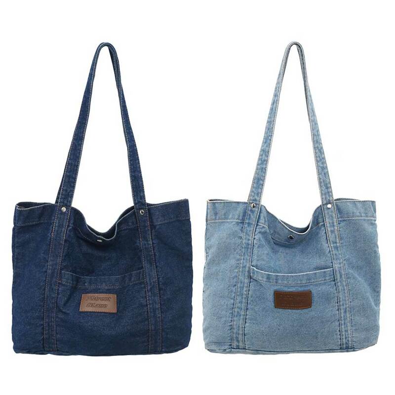 Women Vintage Shoulder Bag Large Capacity Denim Leisure Handbag Solid Color Female Daily Commute Bag
