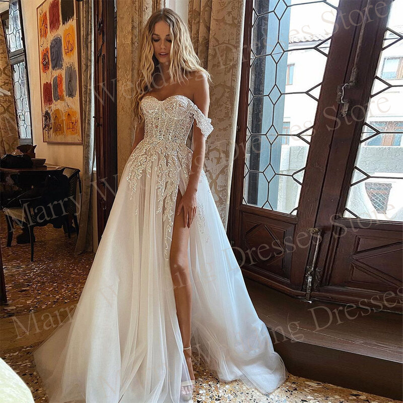 Gaun pernikahan indah indah model Boho gaun pengantin bahu terbuka applique renda gaun pengantin wanita belahan tinggi samping Vestidos Novias Boda