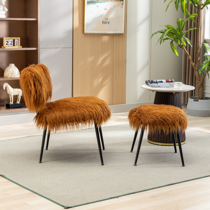 Caramel Fluffy Upholstered Wide Faux Fur Plush Armless Accent Chair And Ottoman Set for Living Room, Mid Century Modern Comfy Ch