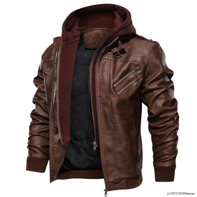 Men's Leather Jacket Plus Thick Coats Casual Biker Style Slim Cut Zipper Pocket and Stand-Up