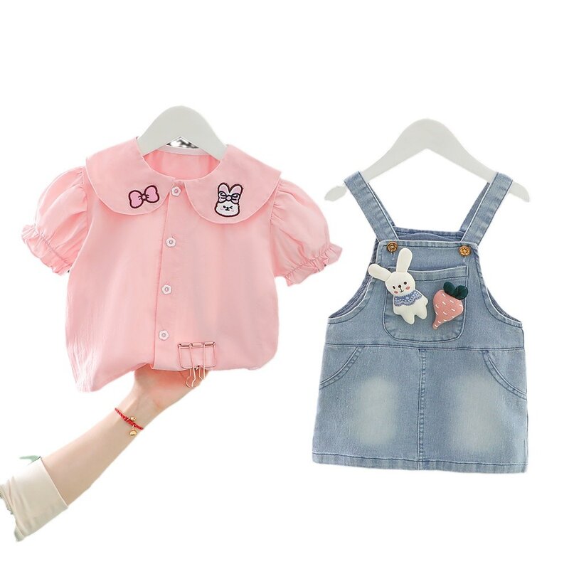 Girls Clothes Sets Summer Children Cute Shirts Denim Jumpsuits Skirts 2pcs Dress Overall Suit For Baby Princess Outfits Kids 5Y