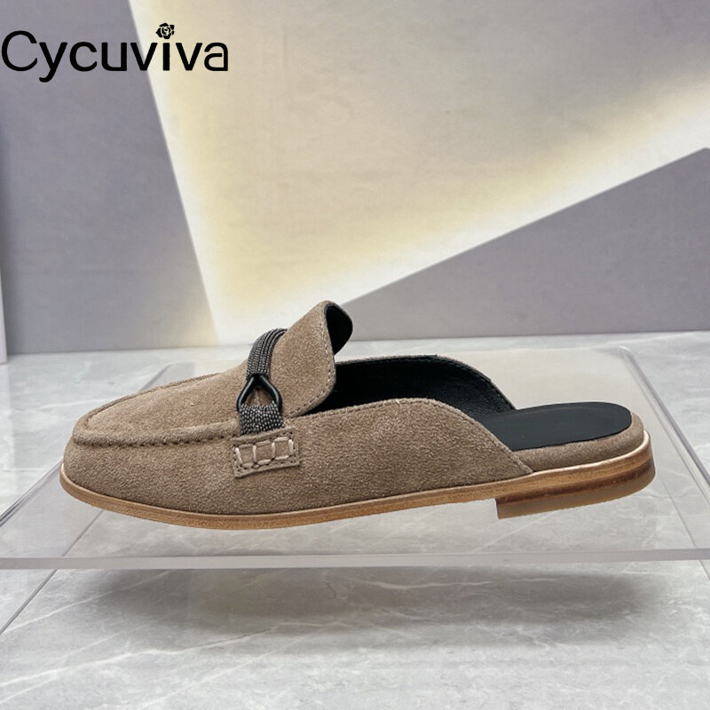 Slides de couro camurça para mulheres, chinelos de cristal, uma mula, sapatos de praia, sandálias de verão