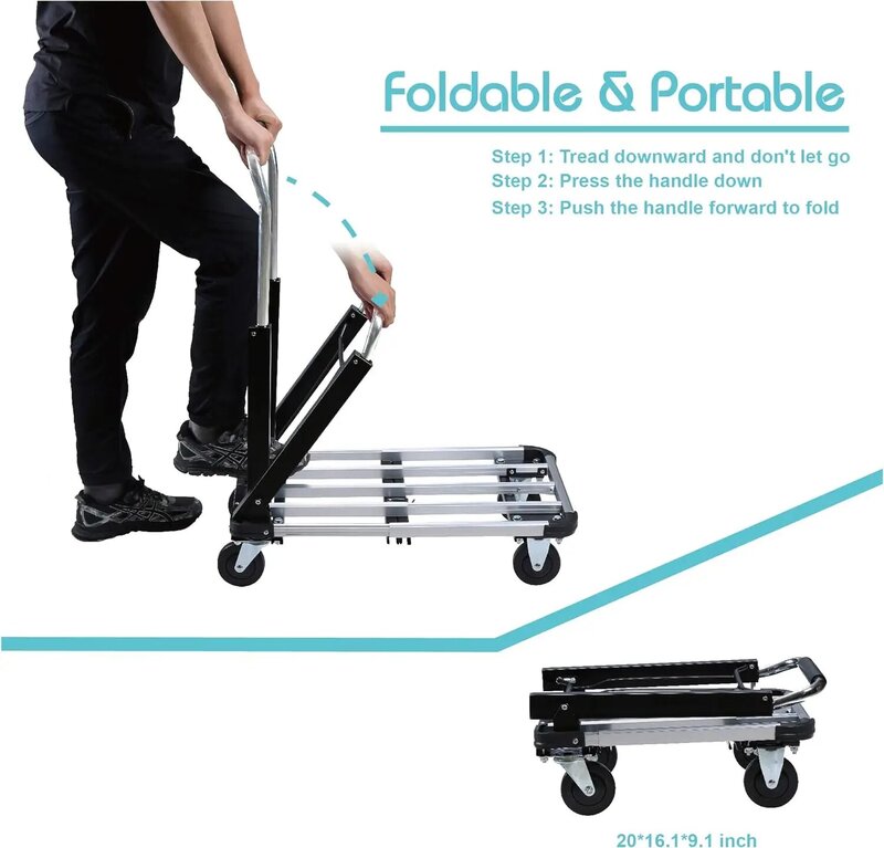 Foldable Push Cart Aluminum Alloy Platform Cart with 4-Wheel,Adjustable Length,330-LB Capacity(with 2 Ropes)