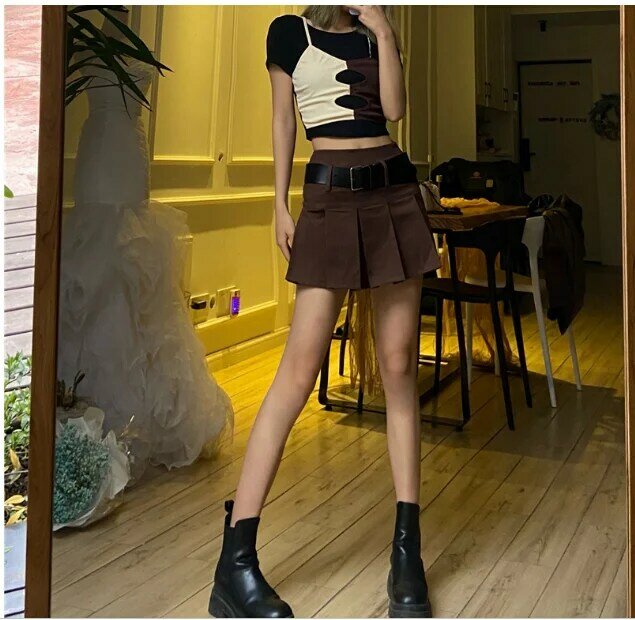 Brown Vintage  Pleated Skirts Womens 90s  Aesthetic School Girl Mini Skirt High Waist Cute Kawaii Clothes