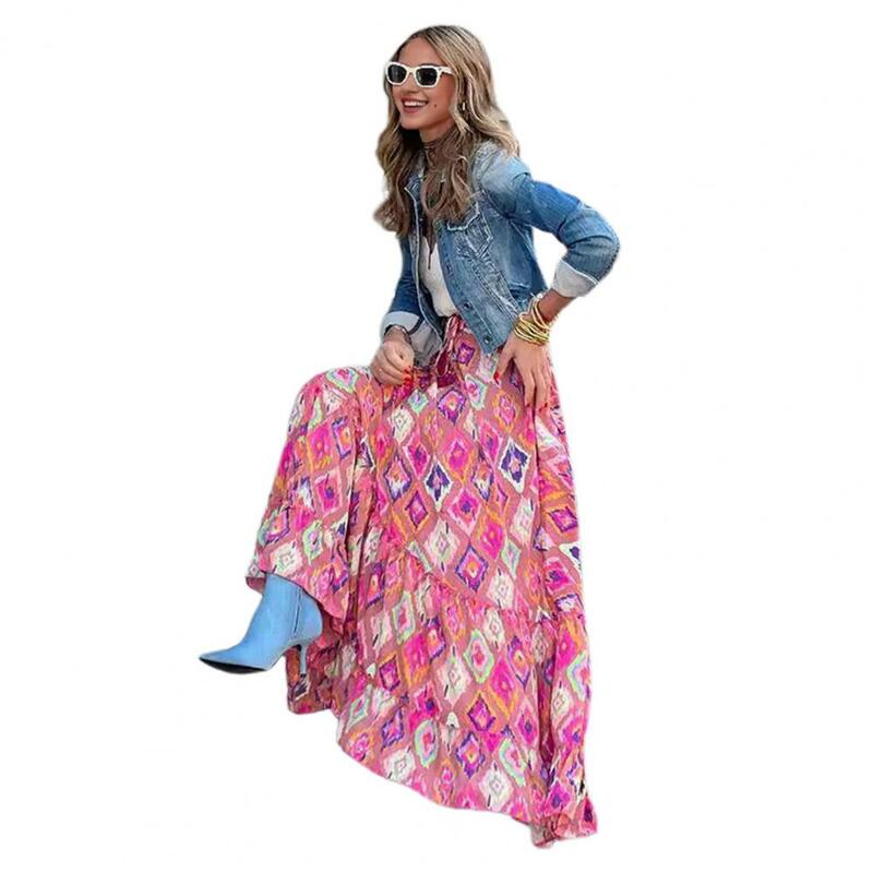 Rok Maxi motif kebesaran wanita, rok gaya liburan Bohemian dengan cetakan warna-warni elastis untuk wanita