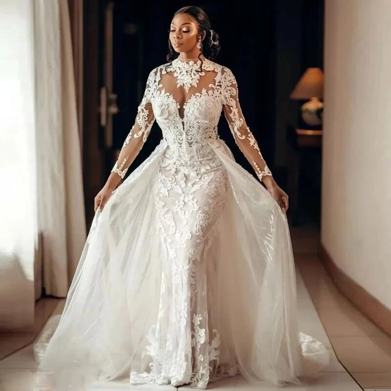 Abiti da sposa a sirena High Ncek di lusso con maniche lunghe Applique treno staccabile abito da sposa africano Boho Robe de mariage