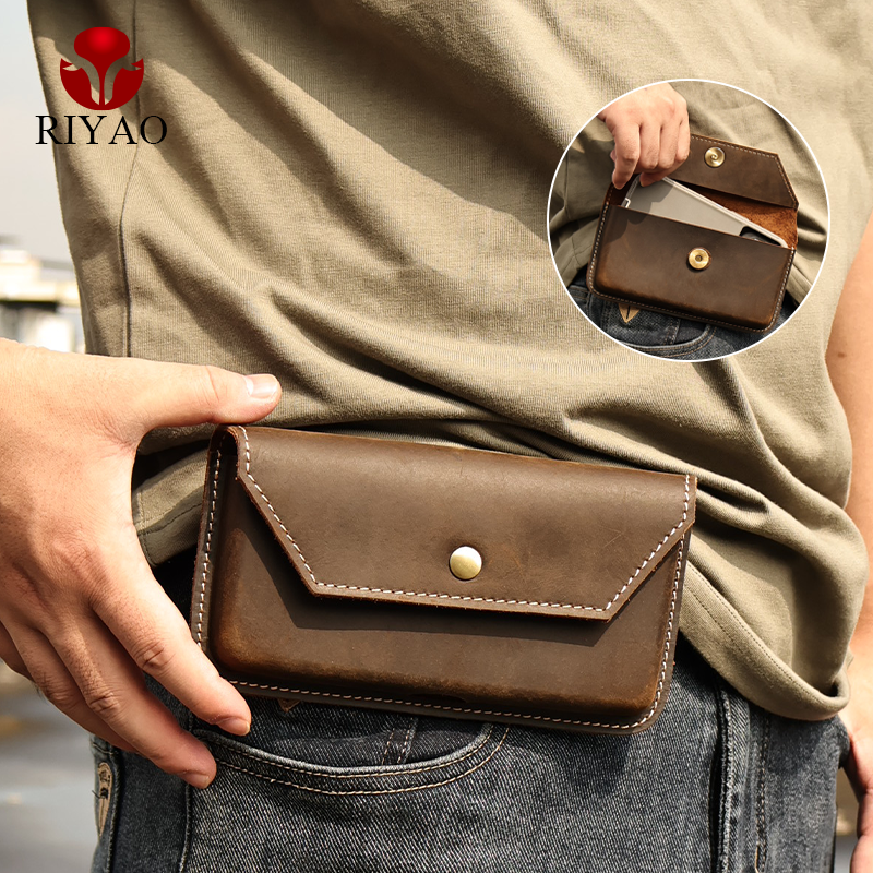 RIYAO Men's Genuine Leather Waist Bag Vintage Flip Cell Phone Pouch Cases Holster With Belt Clip For iphone Samsung Phone Covers