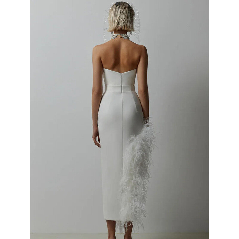 New Women Sexy Strapless Black White Feather Bandage Split Knitted Elegant Evening Bodycon wedding party dress vestido de festa
