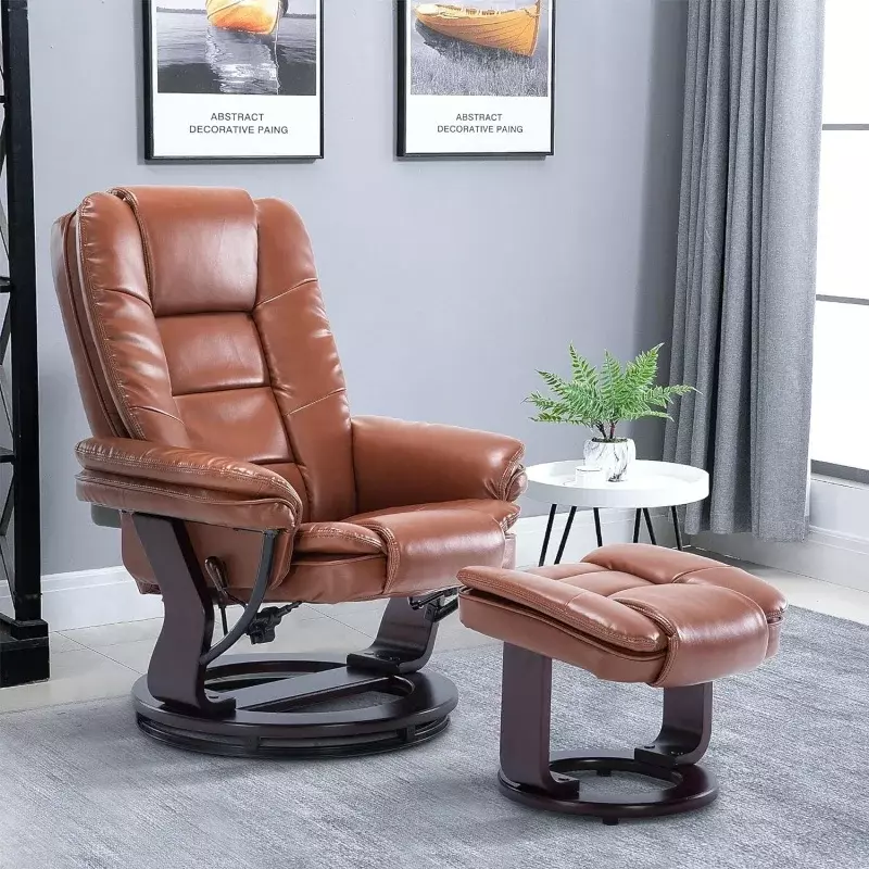 Swivel Ottoman Bonded Leather Recliner Chair and Foot Rest for Living Room, Home Theater, Man Cave, Bedroom-Round Mahogany Base-