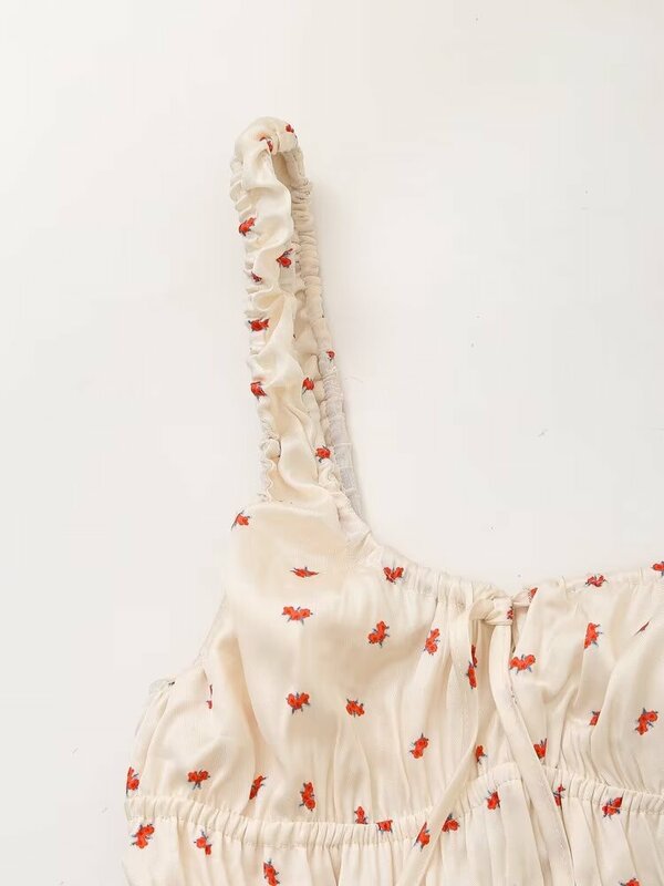 Damen neue Mode Schnürung Dekoration Blumen druck Satin Textur Mini kleid Vintage ärmellose breite Träger Damen kleid Mujer