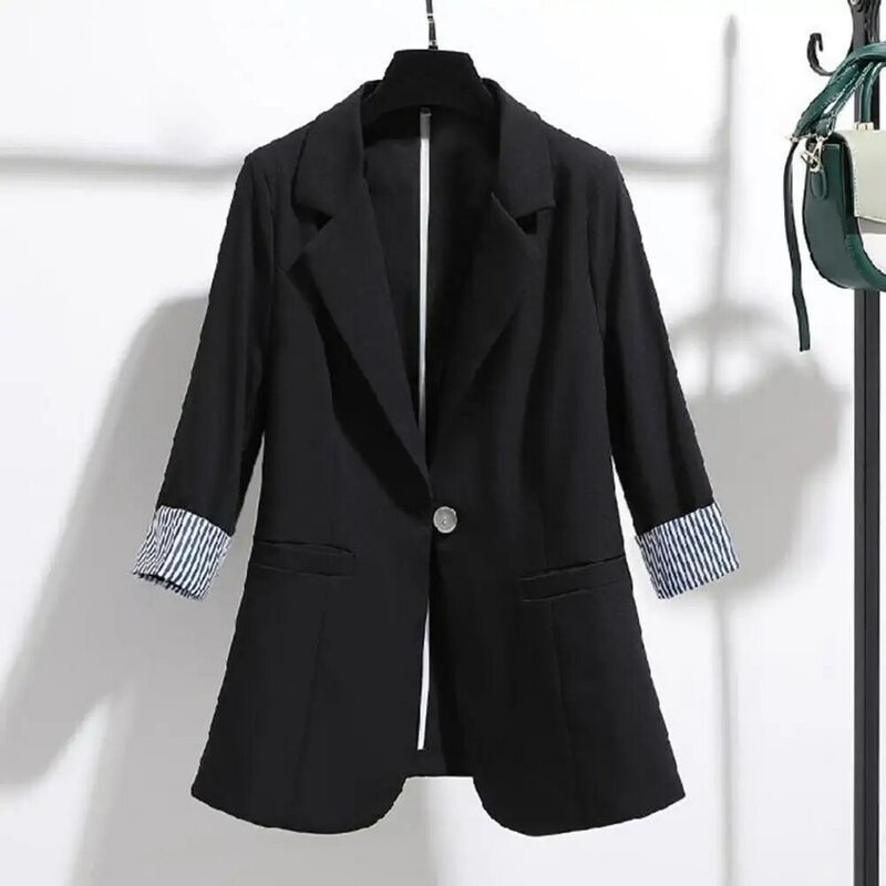 Jaket setelan satu kancing untuk wanita, jaket setelan jas setengah panjang elegan Motif tepi bergaris, mantel setelan dengan kerah lipat untuk kantor elegan untuk wanita