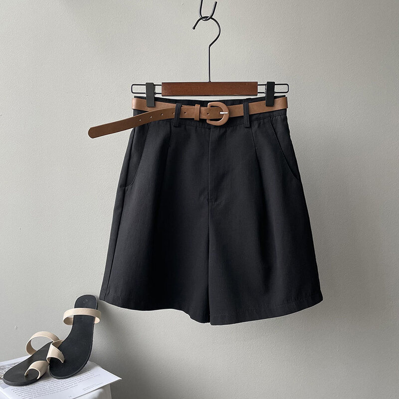 Женские шорты MEXZT с поясом, однотонные Свободные повседневные универсальные Короткие штаны с завышенной талией, трапециевидного силуэта, в офисном стиле