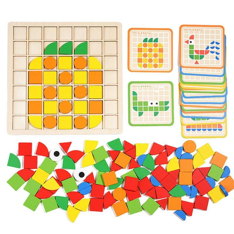 Mosaic Puzzles Wooden Educational Toys With Assembly Drawing 3D Mosaic Discovery Toys Creative Building Blocks For Boys Girls