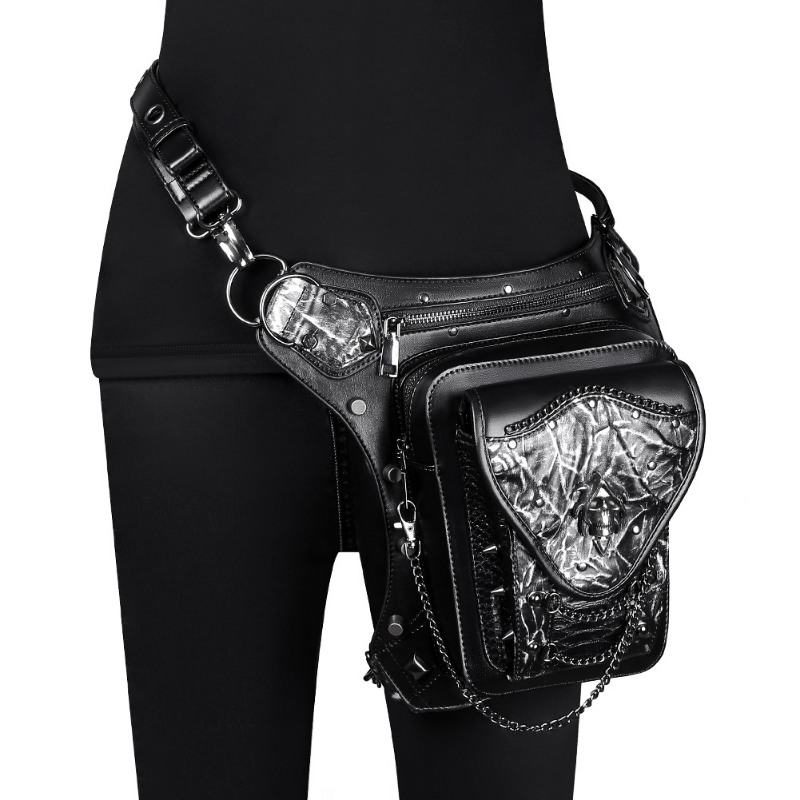 Chikage Steampunk Skull Chain Motorcycle Bag Women's One Shoulder Crossbody Bag Personality Unisex Mobile Phone Fanny Pack