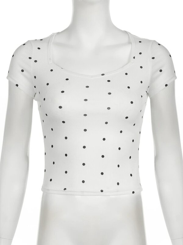 IAMSURE Casual Dot Printred krótka koszulka z w stylu Basic Slim okrągłym dekoltem z krótkim rękawem damskie 2024 letnia moda uliczna damska