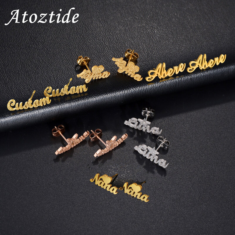 Atoztide Personalized Custom Frosted Name Stud Earring Heart Star Stainless Steel for Women Customized Christmas Jewelry Gift