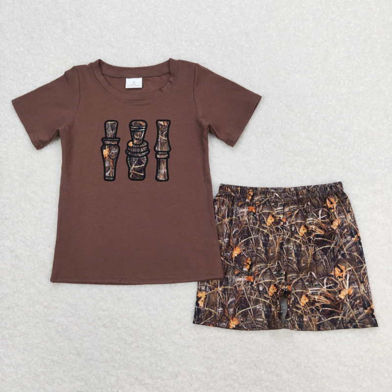 Детские летние комплекты с вышивкой, хлопковая футболка с коротким рукавом для малышей, коричневая футболка, Детские камуфляжные шорты, наряды для маленьких мальчиков, оптовая продажа