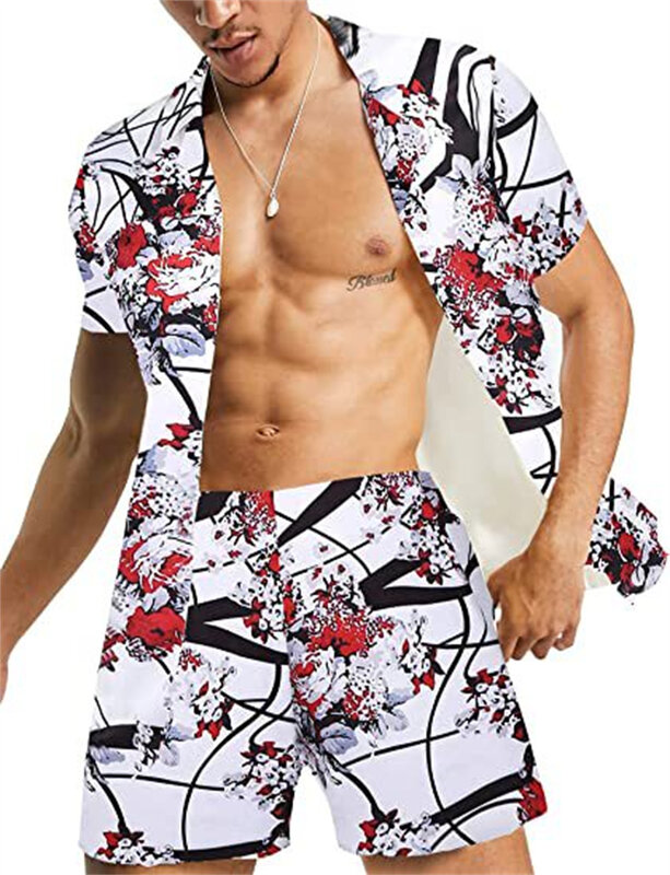 Summer men's luxury casual button-up short sleeve Hawaiian shirt and shorts suit