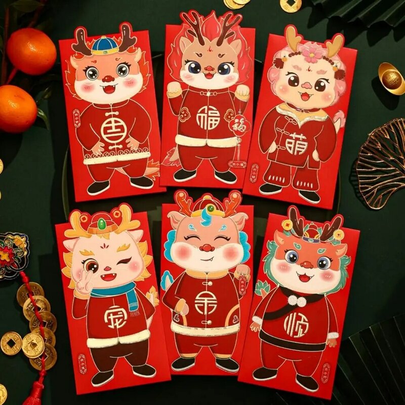 Sobre rojo plegable de Dragon CNY, paquete de sobres Multicolor para Festival de Primavera, 2024, 6 unidades por juego