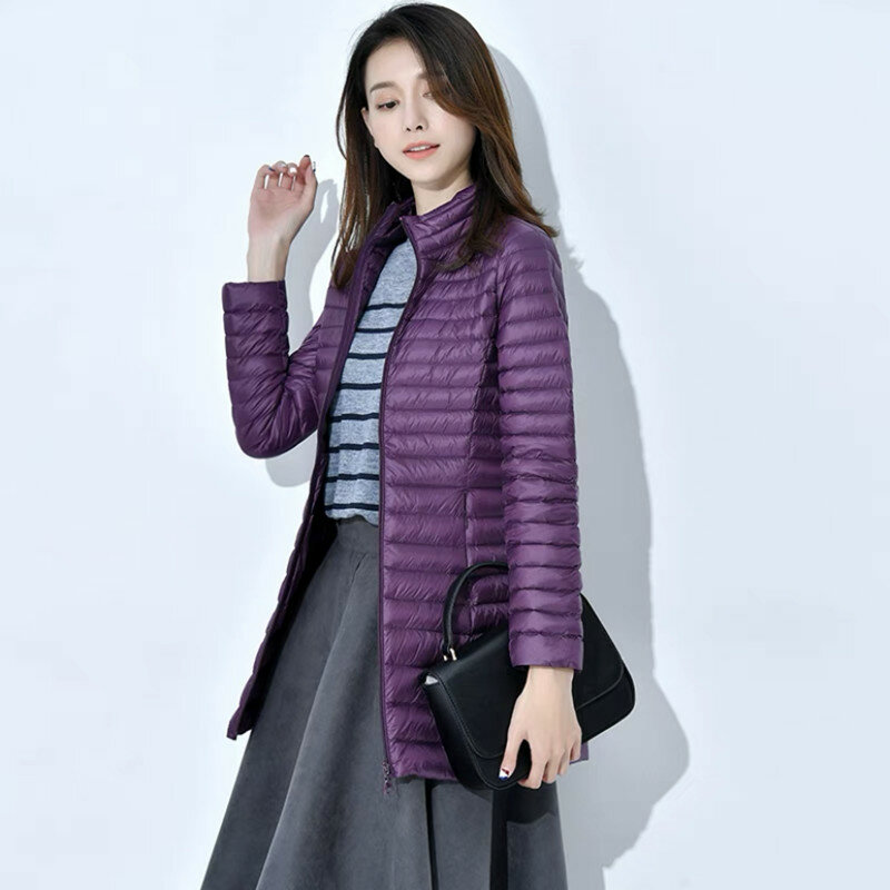 Chaqueta larga de plumón ultraligera para mujer, abrigo de talla grande, color rojo y negro, estilo coreano, invierno, Otoño, 2024