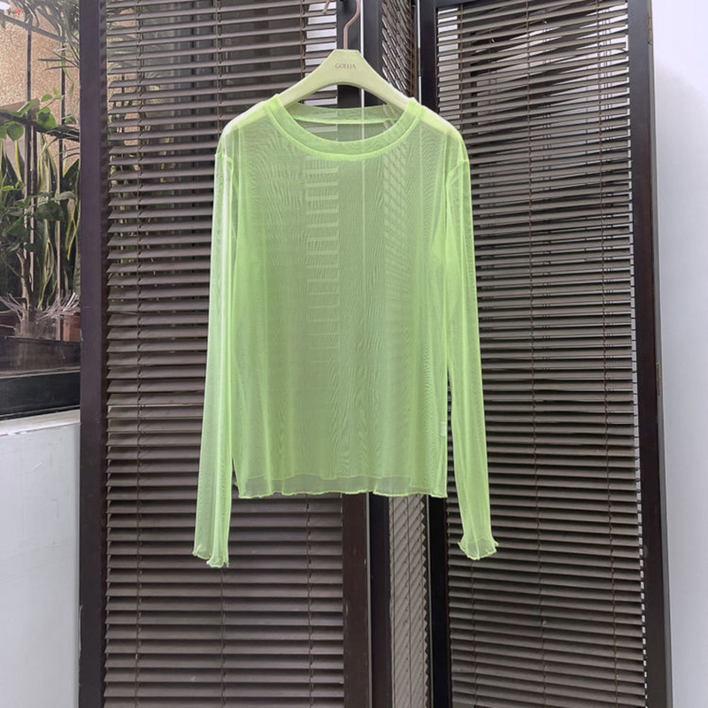 Candycolored-camisa de malla para mujer, camiseta de manga larga con protección solar de seda de hielo de verano, sección delgada, perspectiva UV