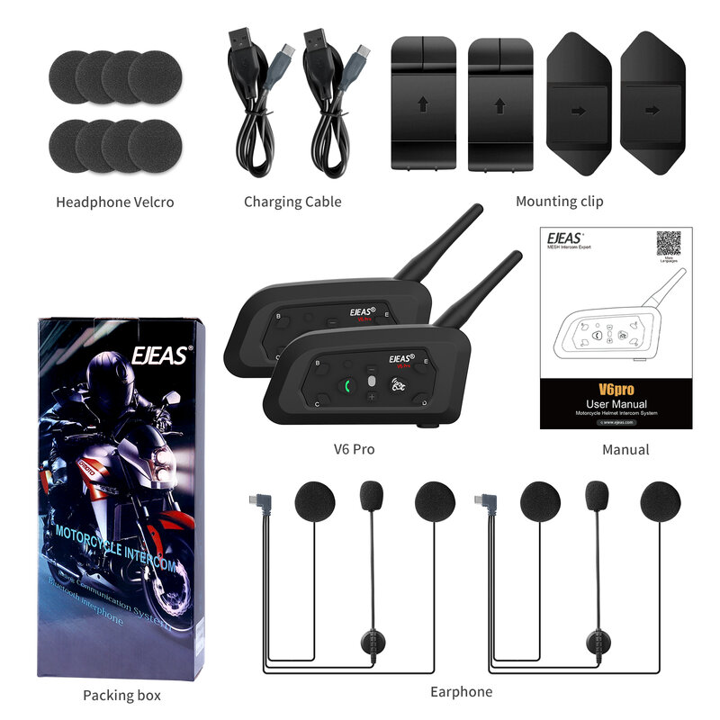 EJEAS-intercomunicador V6 PRO + para casco de motocicleta, comunicador con Bluetooth, 6 conductores, 800m, reproductor de música, Walkie Talkie, resistente al agua, V5.1