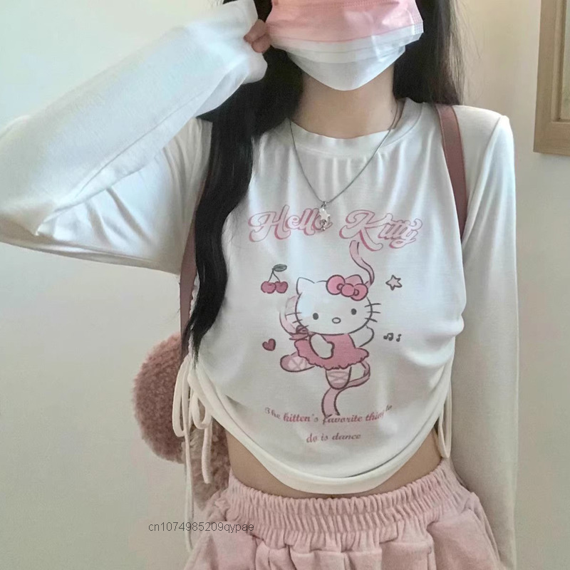 Sanrio الوردي طويلة الأكمام تي شيرت للنساء ، Kawaii مرحبا كيتي ستار المحملة ، Y2K كلية الحلو لطيف فتاة قصيرة علوية ، ربيع جديد الملابس ، 2023