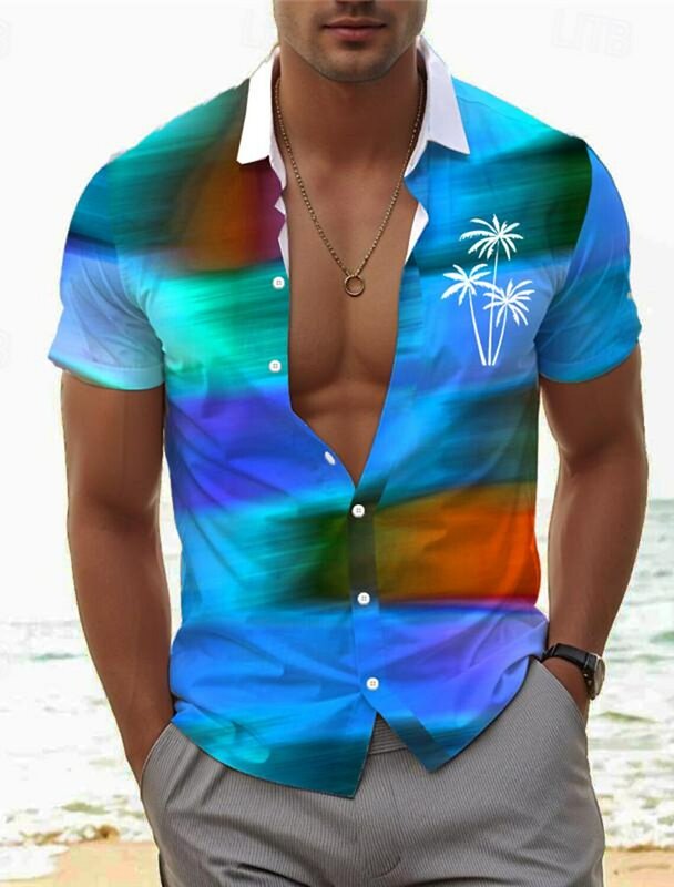 Camisa con estampado 3D de palmera degradada para hombre, camisa Tropical hawaiana con botones, manga corta, playa, vacaciones, uso diario, Verano