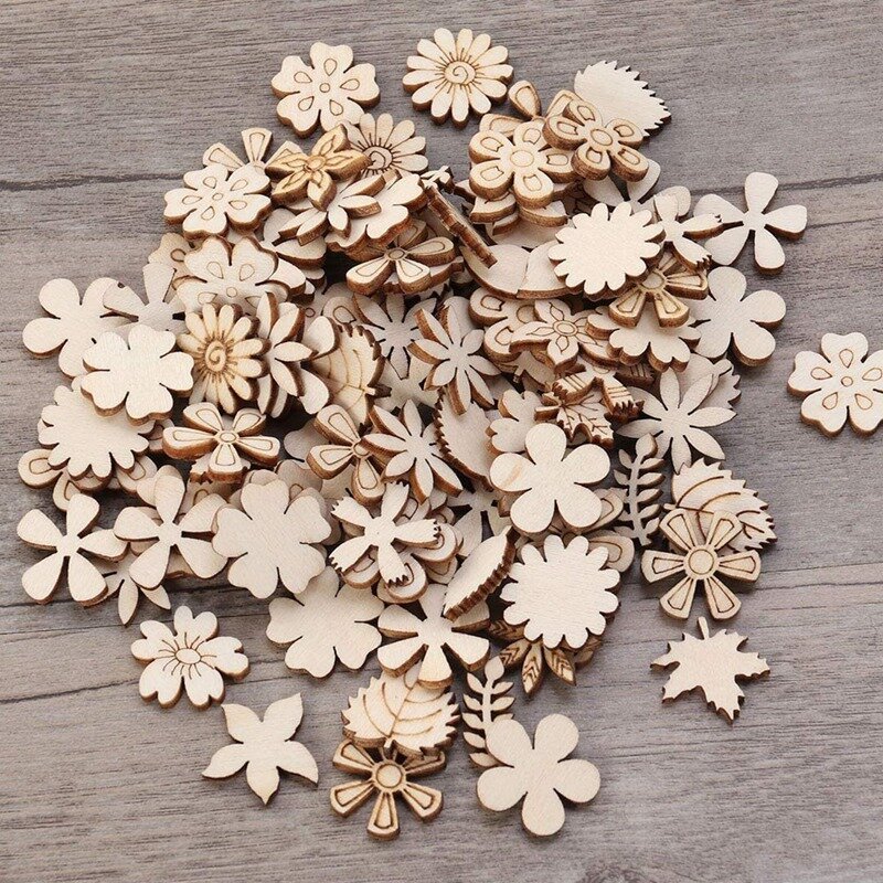 /05/2019 en bois non finis en forme de fleur, tranches, découpes en bois, artisanat, décoration de bricolage, 100 pièces