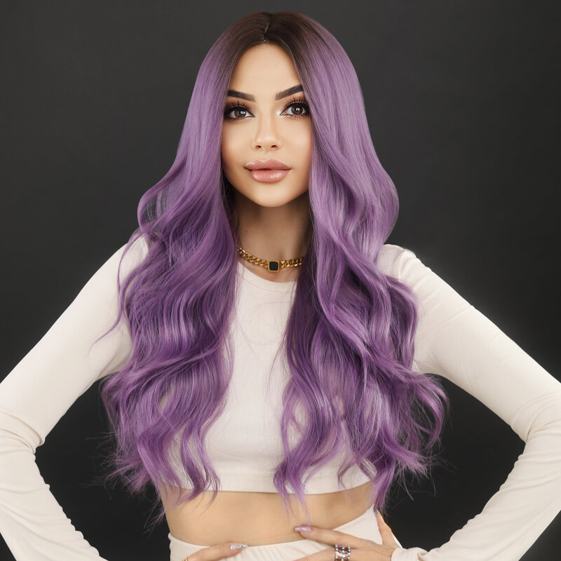 NAMM Wig Rambut Ungu Panjang Bergelombang untuk Wanita Cosplay Pesta Harian Wig Sintetis dengan Poni Alami Wig Lavender Lolita Tahan Panas