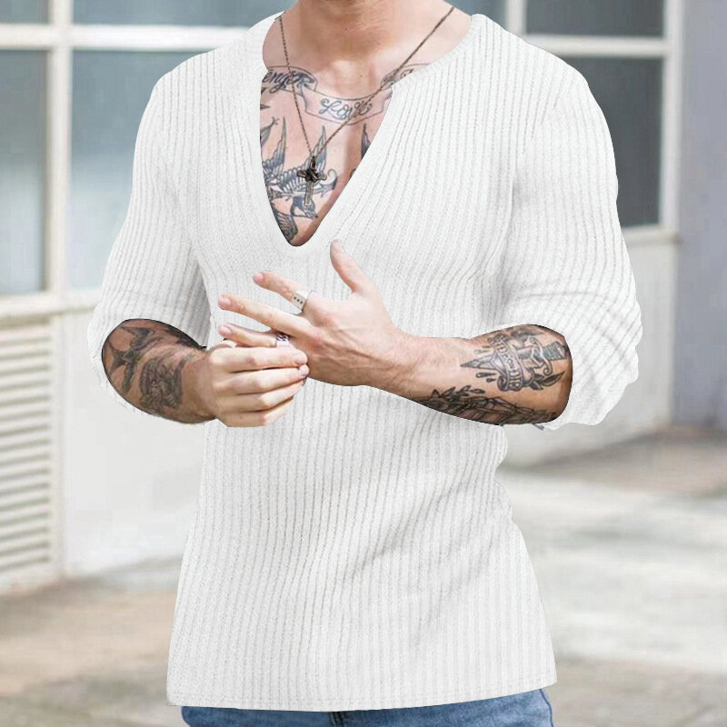 Autumn Winter Men's V-neck Casual Fashion Sweaters Male Long Sleeve Solid Color All-match Knitting Pullovers Gentmen Jumpers Top