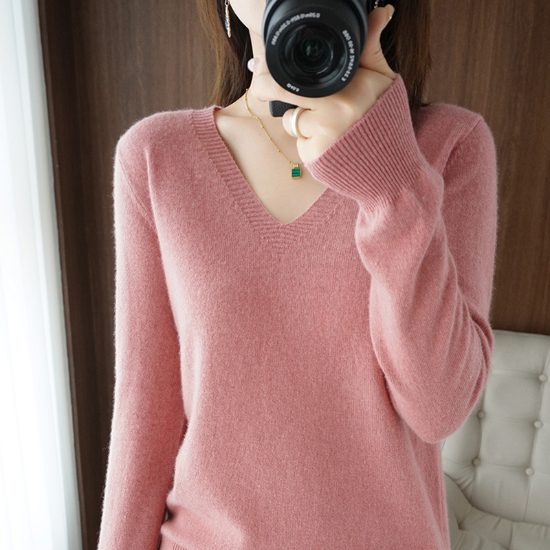 Sweater Rajut Lengan Panjang Wanita, Baju Sweater Kasmir Leher V, Desain Berongga Leher Renda Kasual Musim Gugur dan Musim Dingin