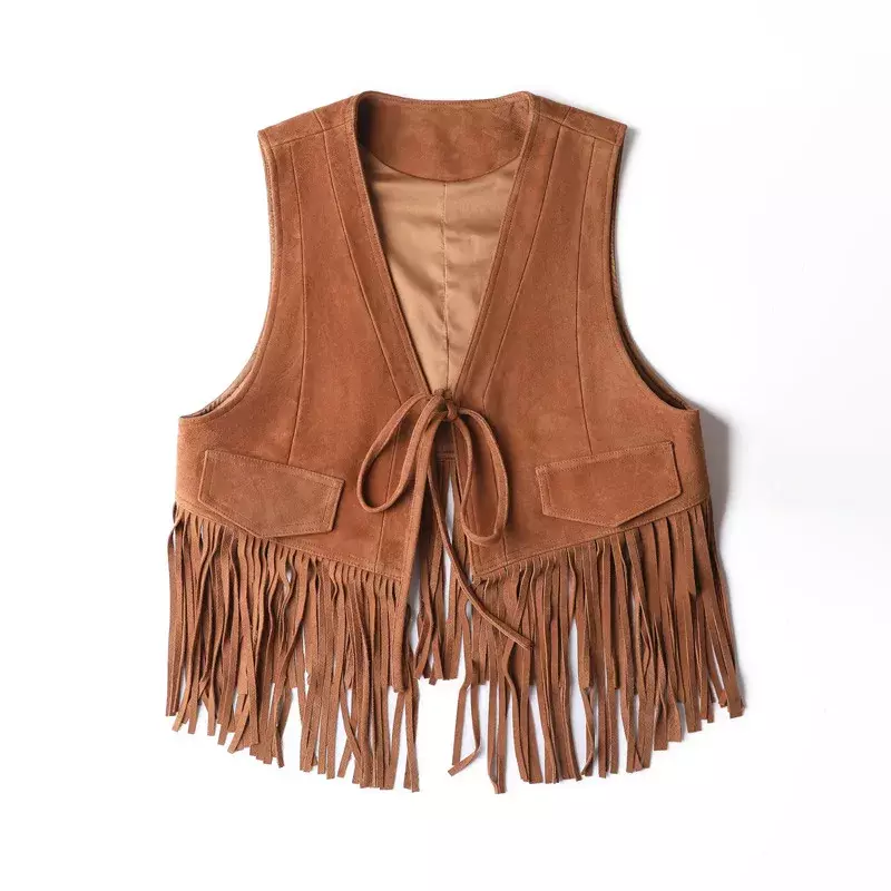 Spring Autumn Fringe Vest Women Suede Leather Suede Vest Tassels Vintage Western Country Cowgirl Vest Cardigan Waistcoat Jacket
