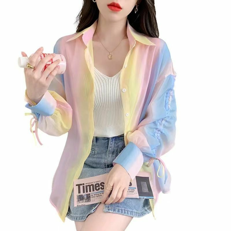 Manis kerah kancing Shirring berenda busur warna kemeja sifon pakaian wanita 2024 musim semi musim panas longgar kasual atasan blus Korea