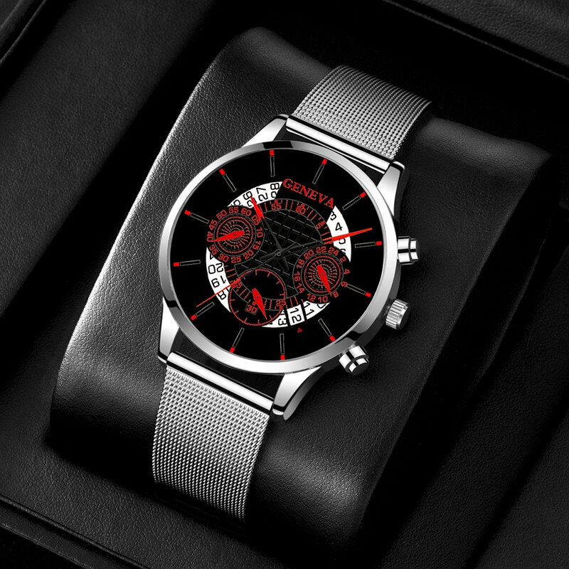 3PCS Set Fashion Mens Calendar Watches Men Business Bracelet Wings Necklace Stainless Steel Mesh Belt Quartz Wrist Watch