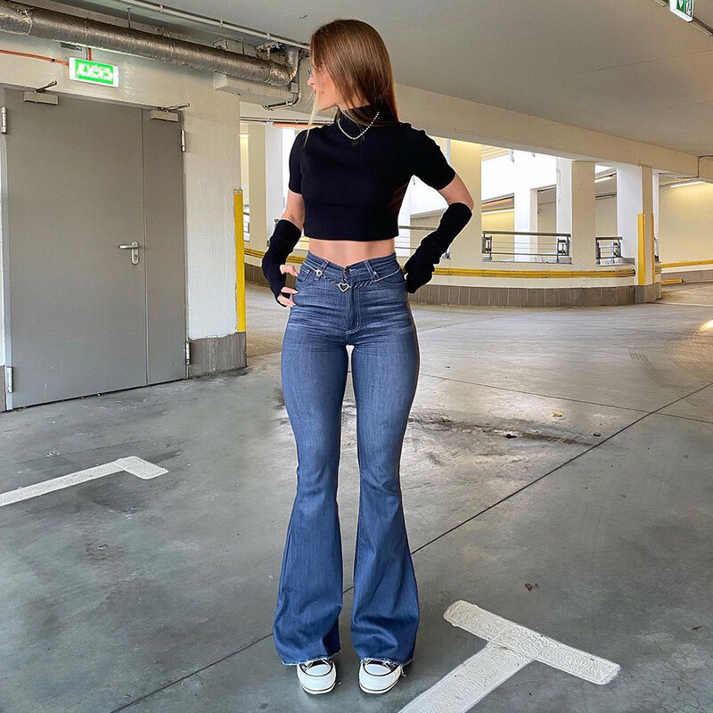 Calça jeans stretch de cintura alta feminina, vintage, fina, casual, conforto, jeans, calças lare, azul, primavera, outono, moda, Y2K