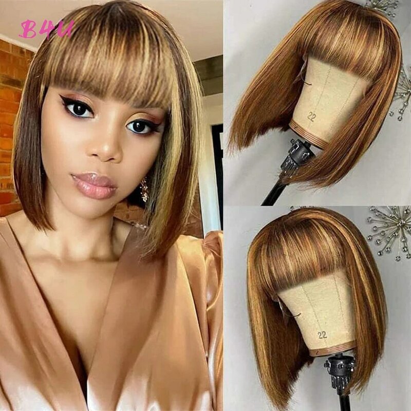 Highlight Bob Wig With Bangs Short Straight Human Hair Full Machine Made Hair Bob Wigs Ombre None Lace Front Wig For Black Women
