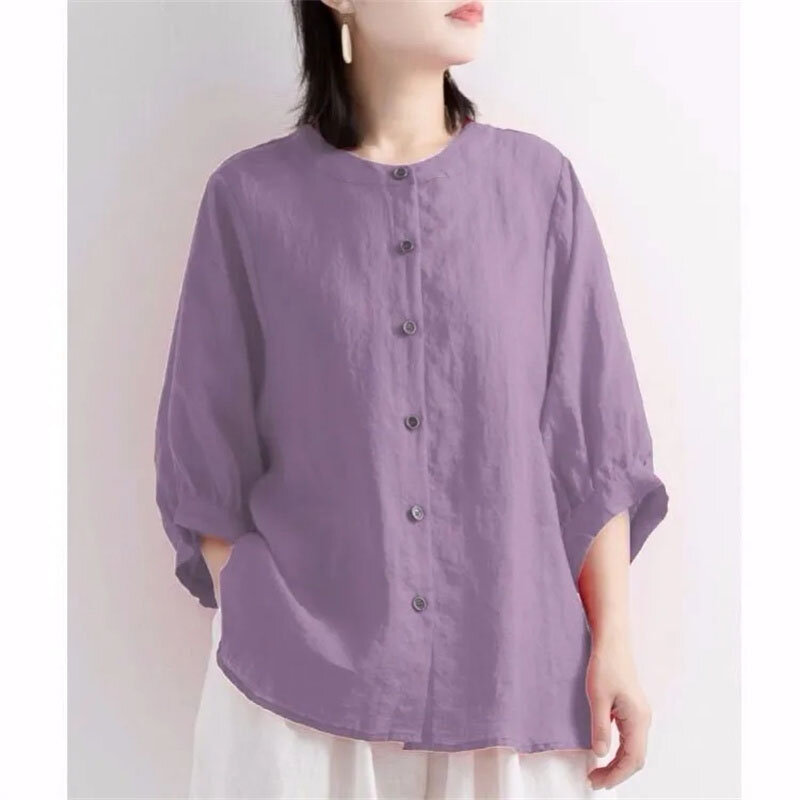 Женская рубашка с рукавами-фонариками, однотонная Свободная блузка из хлопка и льна в стиле ретро, 2024