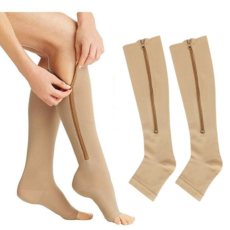 Calcetines de compresión con cremallera para hombre y mujer, medias hasta la rodilla con punta abierta, Unisex