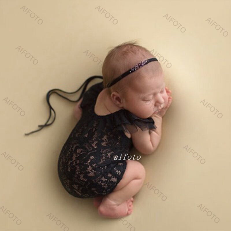 Pasgeboren Fotografie Props Meisje Jurken Zwart Kant Hoofdband Set Outfits Bodysuits Romper Voor Baby Fotoshoot Studio Accessoires