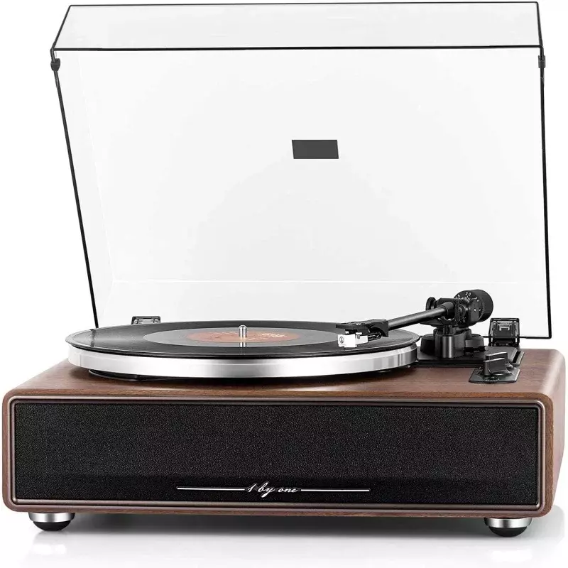 1 by ONE High Fidelity Belt Drive Turntable with Built-in Speakers, Vinyl Record Player with Magnetic Cartridge, Bluetooth Playb