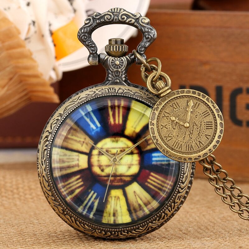 Reloj de bolsillo con cubierta de cristal de moda, colorido, bronce, Roma, cuarzo, collar, números romanos Retro, colgante, reloj con accesorio
