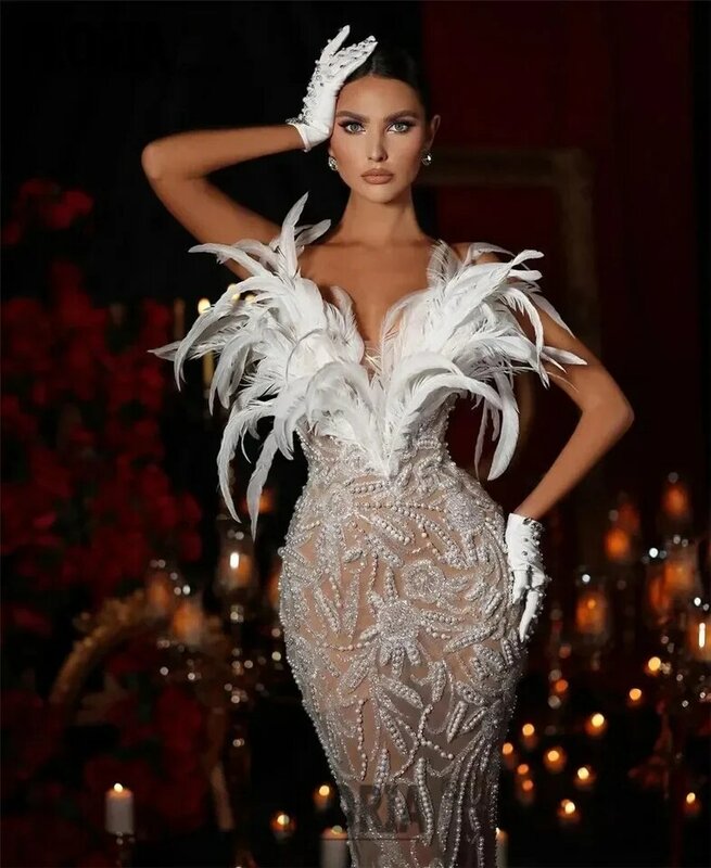 Luxury Feather Beaded Wedding Evening Dress Pearls Lace Mermaid Special Occasion Dresses See Through Runway 2023 Robe De Soiree