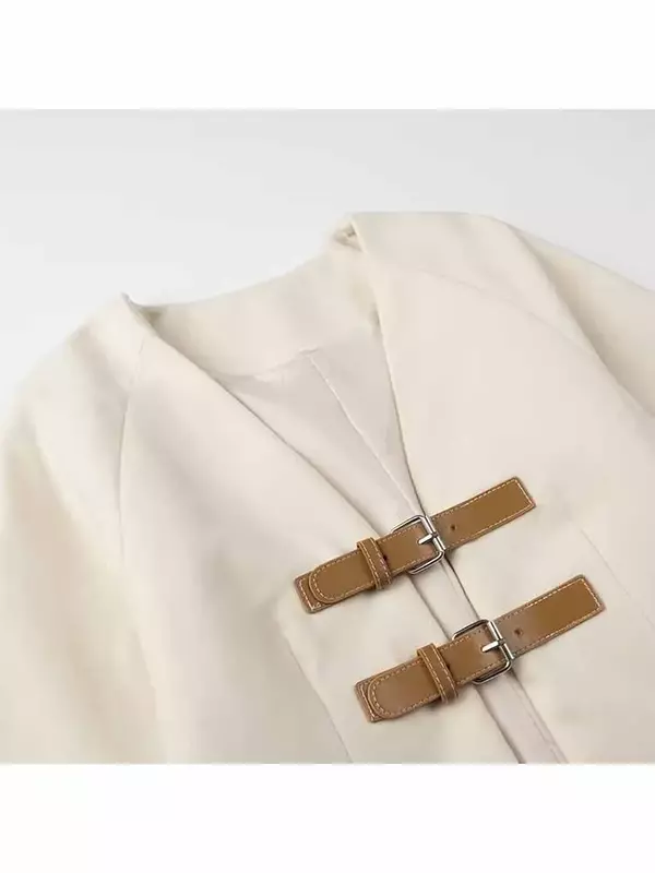 Женская приталенная куртка из искусственной кожи с V-образным вырезом и длинными рукавами